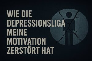 Eine zerbrochene Linse, die einen Menschen fokussiert und davor der Text: "Wie die Depressionsliga meine Motivation zerstört hat"